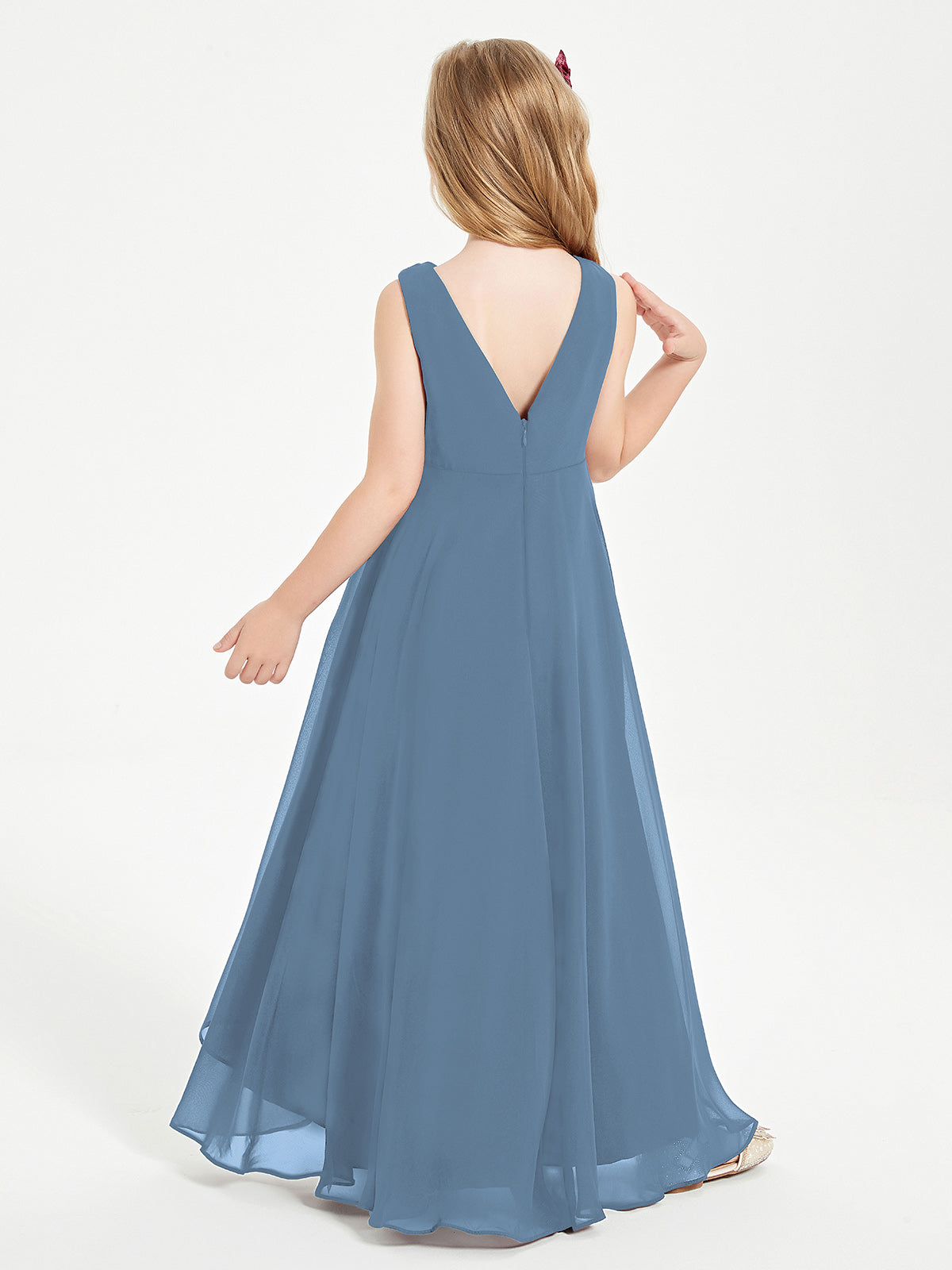Modern Asymmetrical Cowl Neck Junior Bridesmaid Dresses Slate Blue